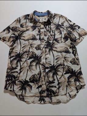 Panama Jack 100% Linen Beige and Black Palm-Print Short Sleeve Button-Down Shirt